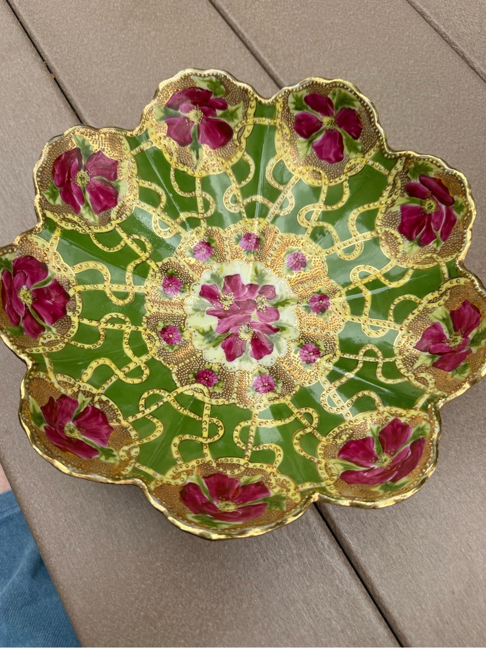 Vintage NipponnHand-Painted Green and Pink Floral Decorative Bowl